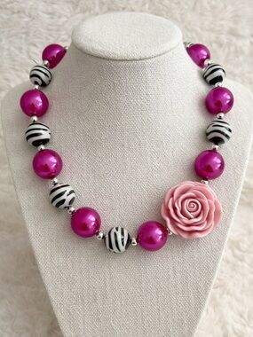 Statement Pink Rose Necklace Acrylic Bead Black White Striped Chunky 18”
